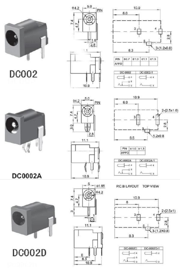 DC插座的各种规格和尺寸焊接图