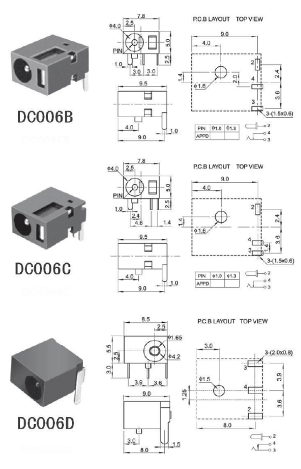 DC插座的各种规格和尺寸焊接图