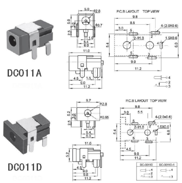 DC插座的各种规格和尺寸焊接图